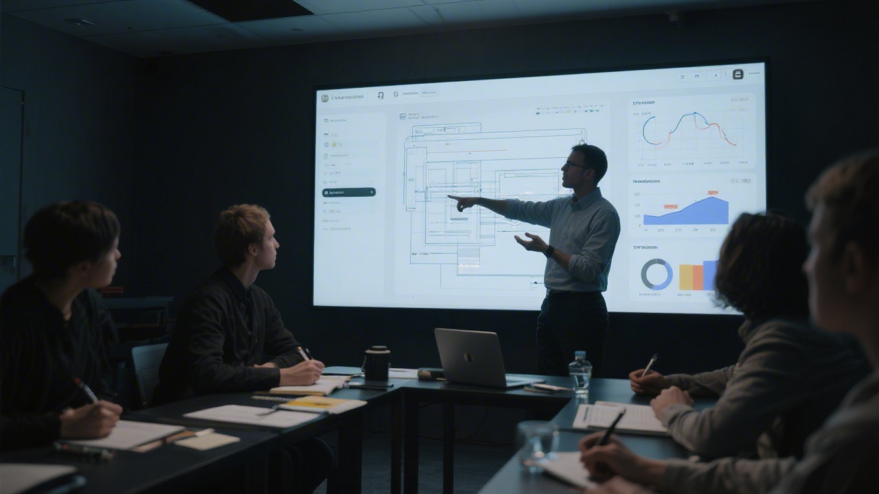 Instructor pointing at a large screen with UI wireframes and performance charts, while participants take notes in a dimly lit workshop space.