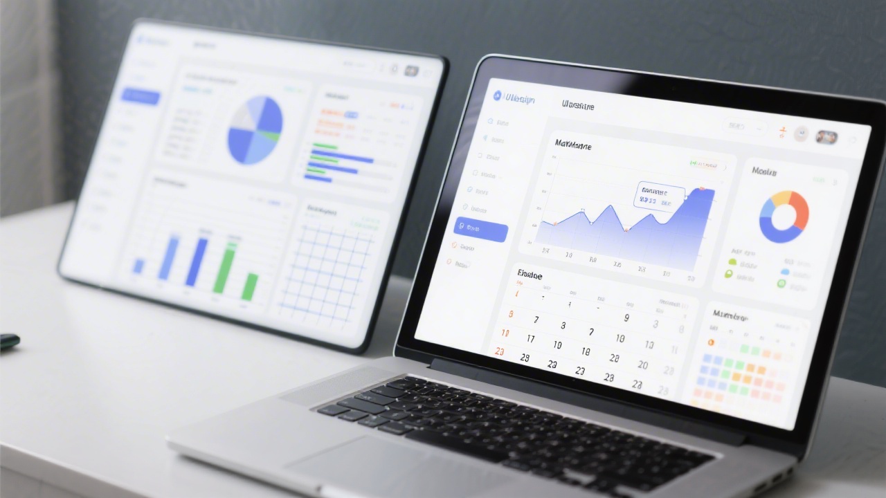 Laptop displaying analytics dashboard alongside a UI design grid and marketing calendar, showing integrated use of tools in a cohesive workflow.