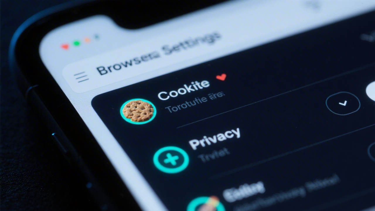 Close-up of a browser settings screen on a dark background, showing cookie toggles and privacy options with a subtle neon glow.