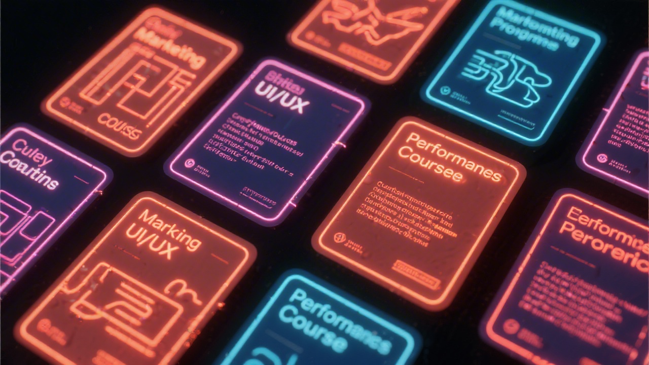 Collection of neon-lit course cards on a dark background, each labeled with marketing, UI/UX, and performance topics, showcasing a curated program catalog.