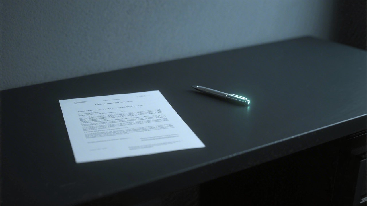 Minimal dark desk with printed terms document and a glowing pen, symbolizing formal agreements and responsible usage.